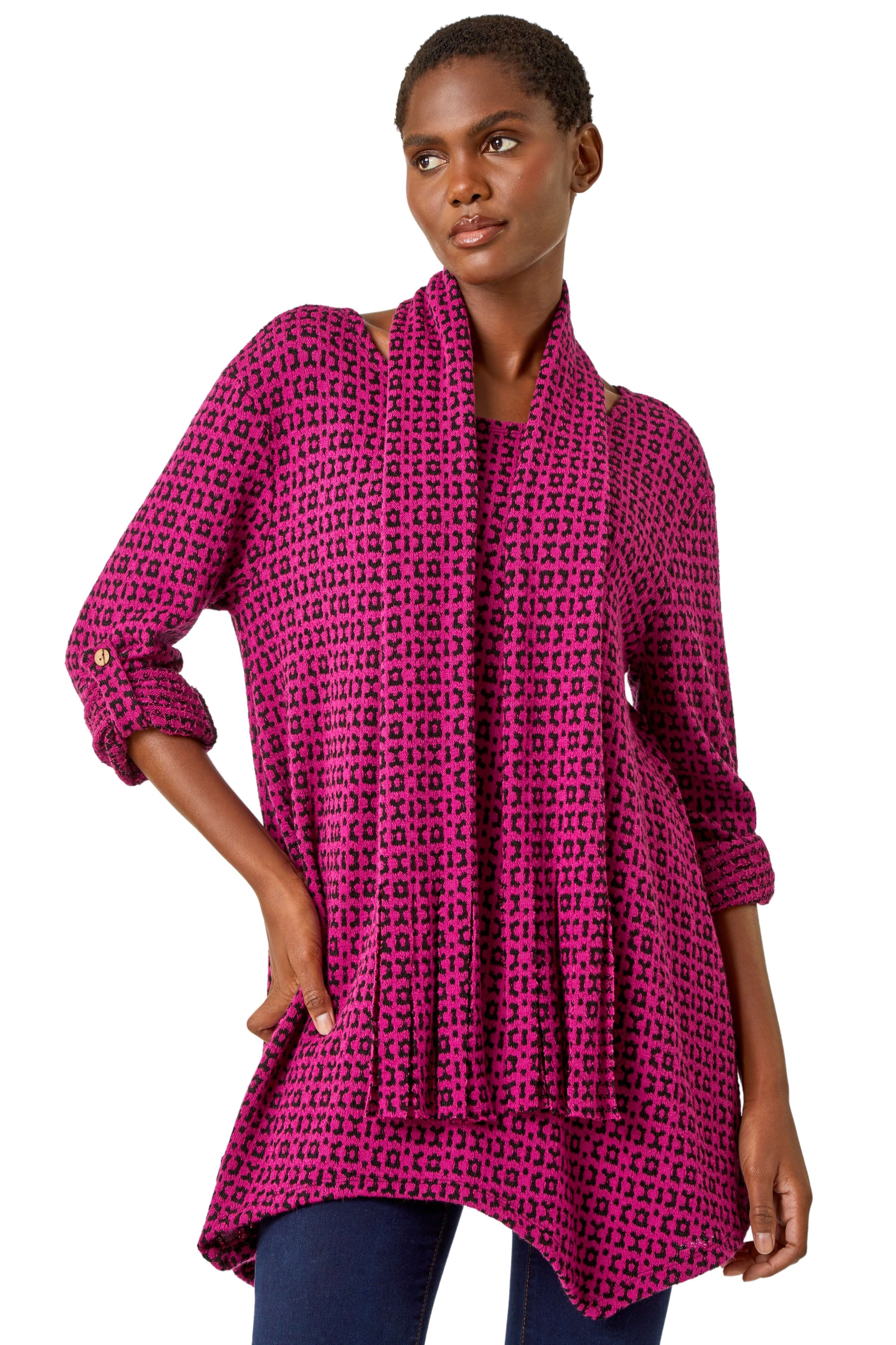 Roman Womens Abstract Print Stretch Tunic Top & Scarf - Fuchsia - Size Medium