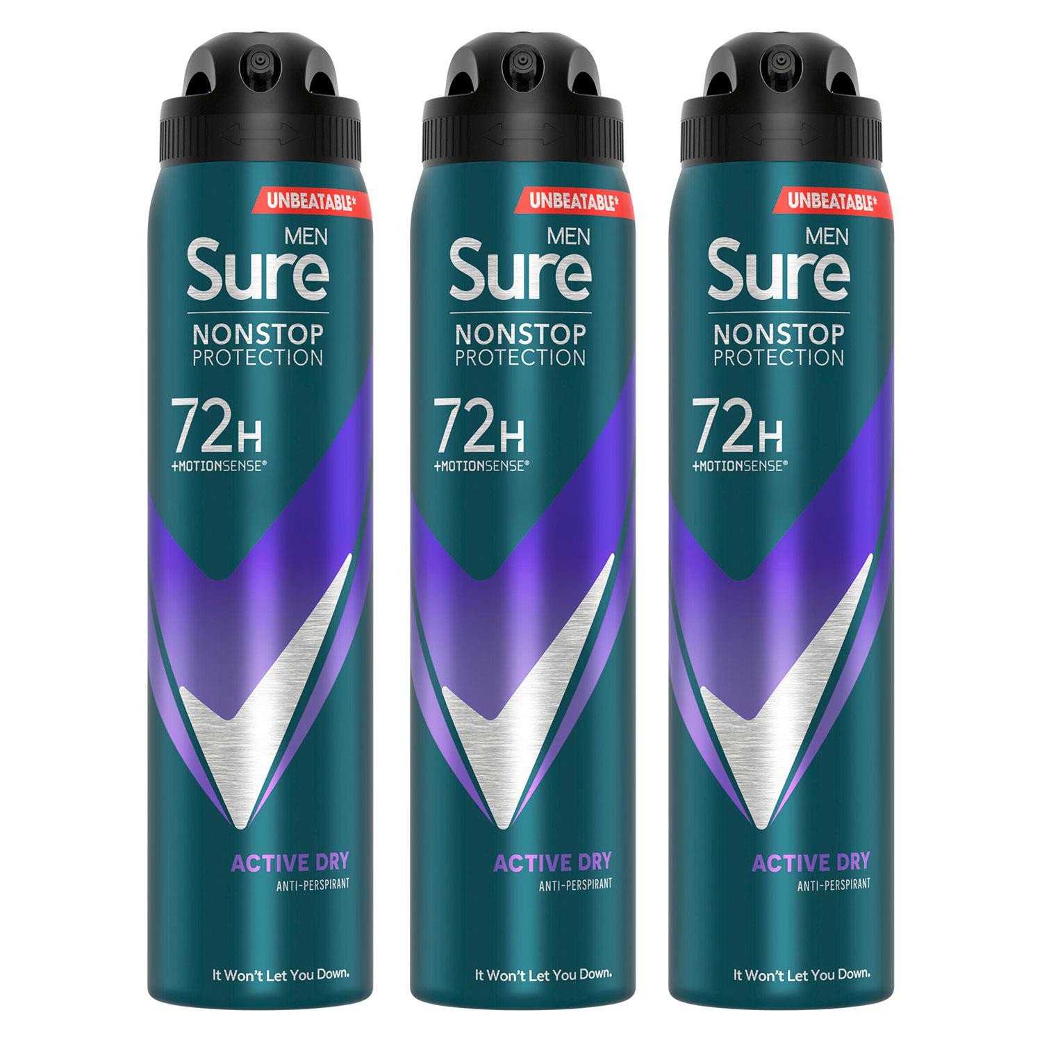 Sure Mens Men Anti-perspirant 72H Nonstop Protection Active Dry Deodorant 250ml, 3 Pack - NA - One Size