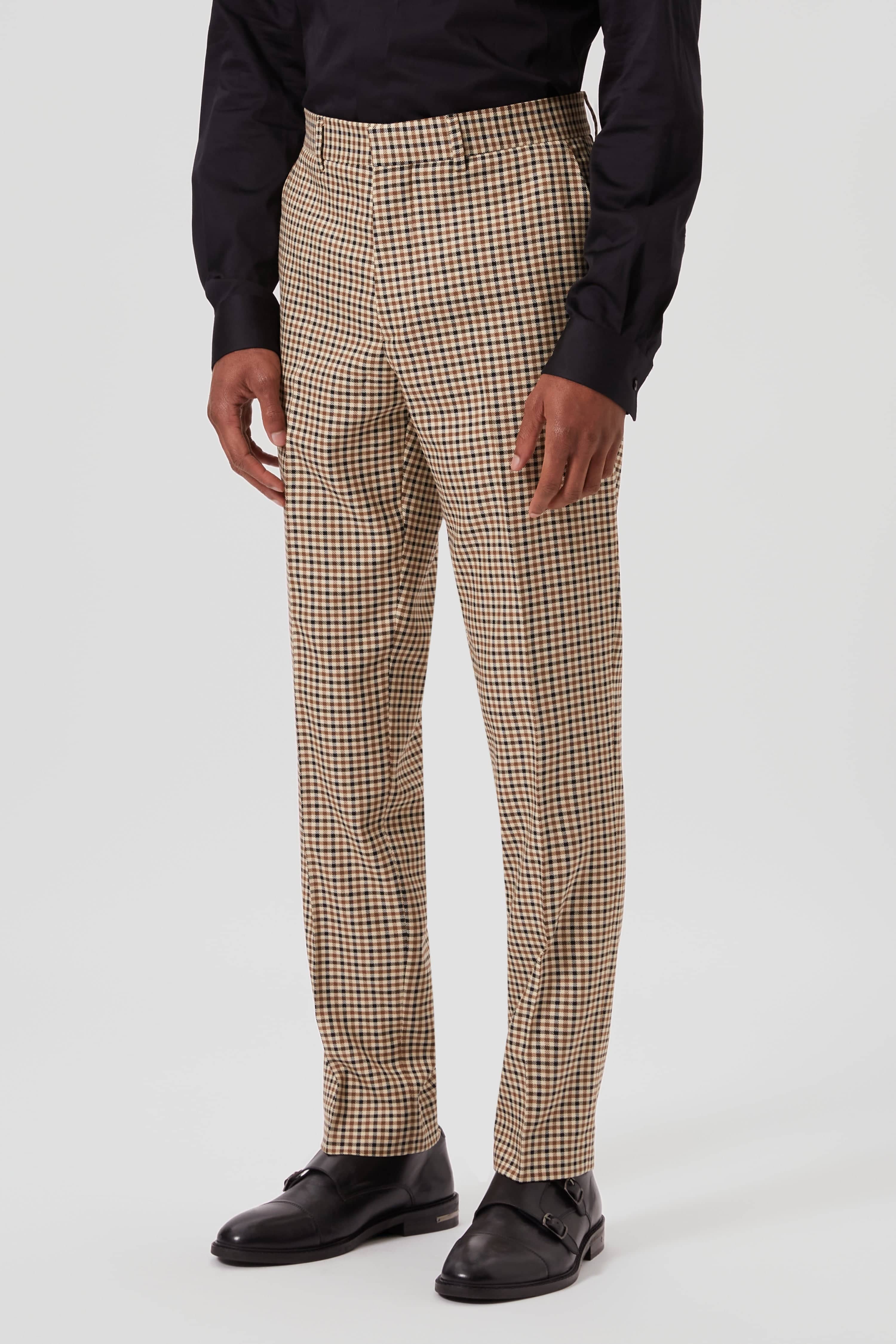 Shelby & Sons Mens Blythe Slim Fit Beige Check Trousers - Size 38 Regular