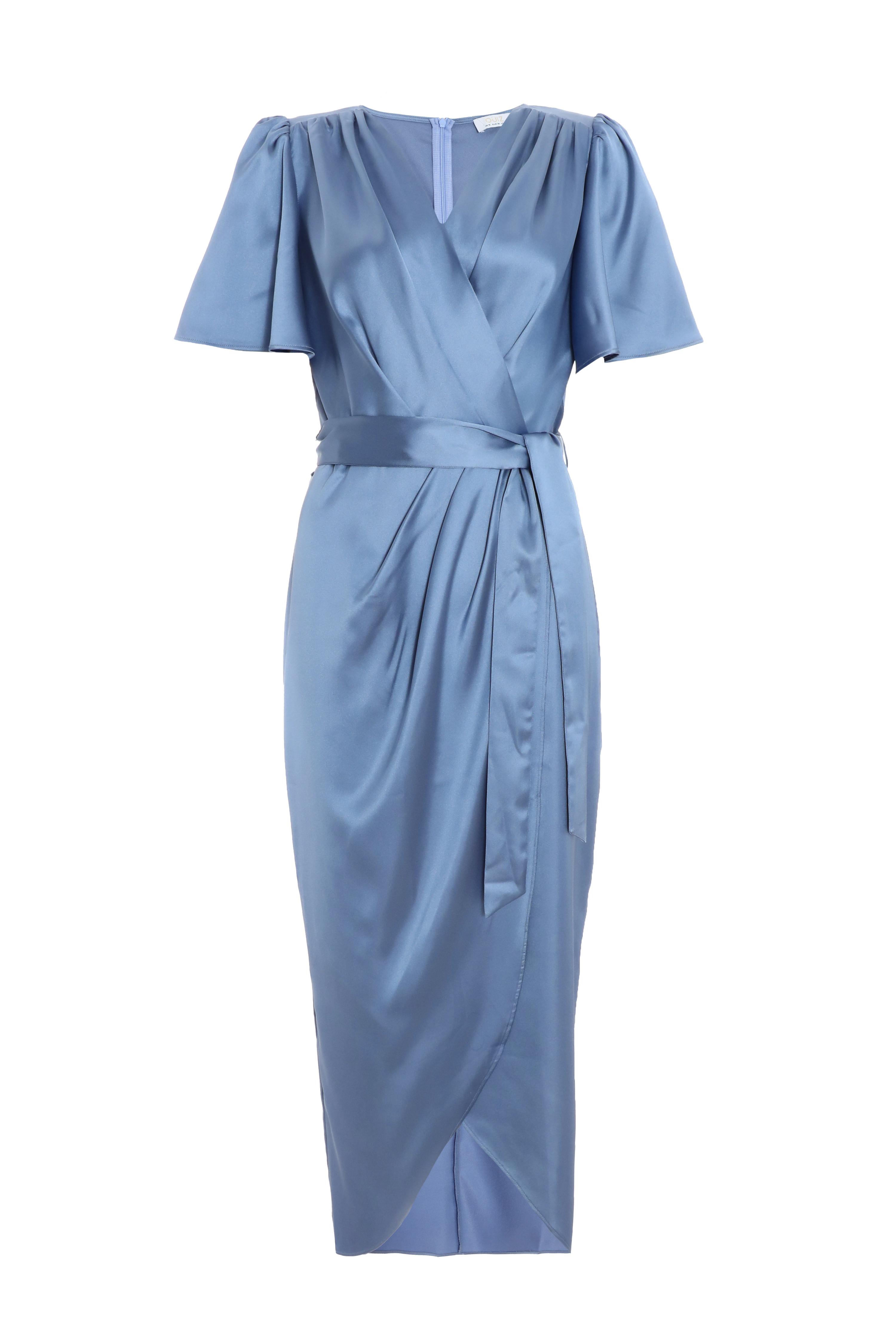 Quiz Womens Blue Satin Wrap Ruched Midi Dress - Size 8 UK