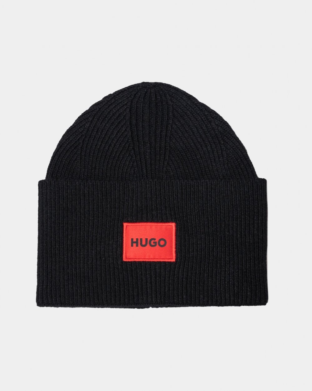 Hugo Xaff 6 Mens Knitted Beanie Hat With Ribbing and Red Logo Label - Black - One Size