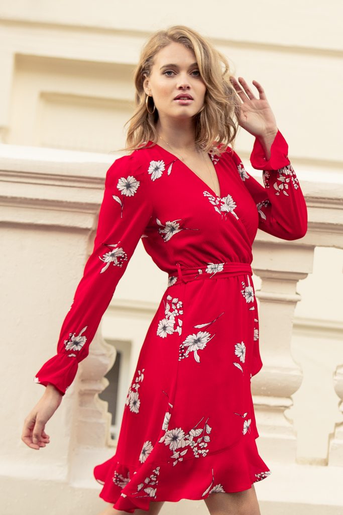 Sosandar Womens Red & White Floral Faux Wrap Dress - Size 8 Uk