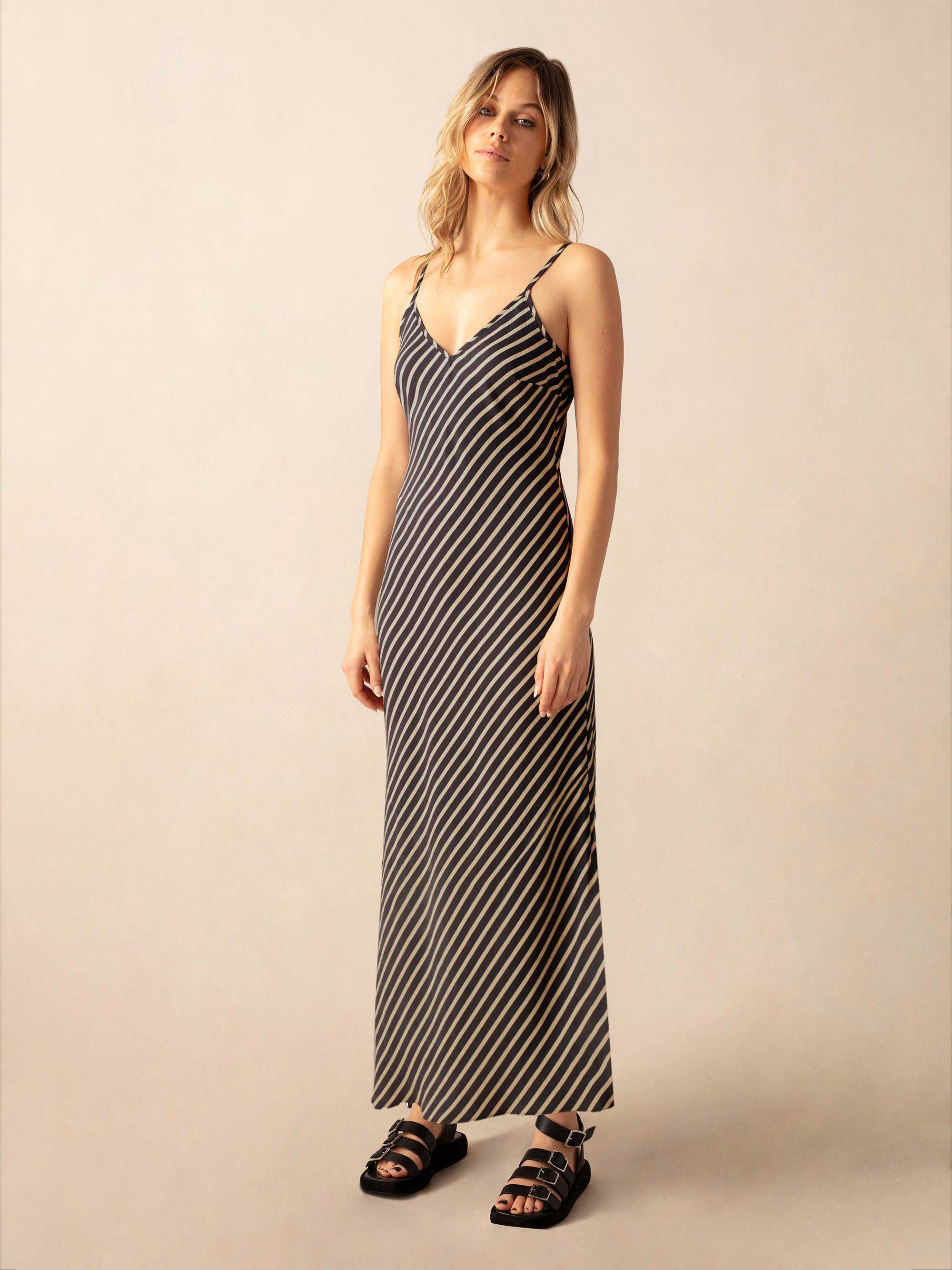 Ro&Zo Womens Stone Stripe Slip Maxi Dress - Size 8 UK