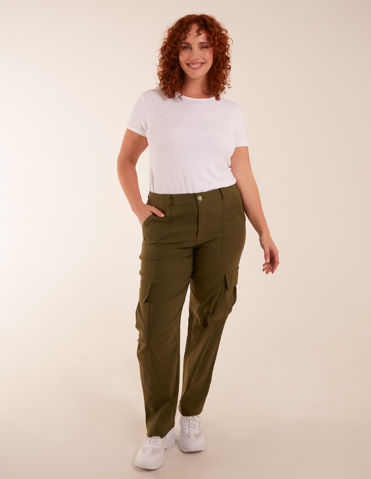 Blue Vanilla Womens Curve Straight Leg Pocket Detail Cargo Joggers - Khaki - Size UK 22-24