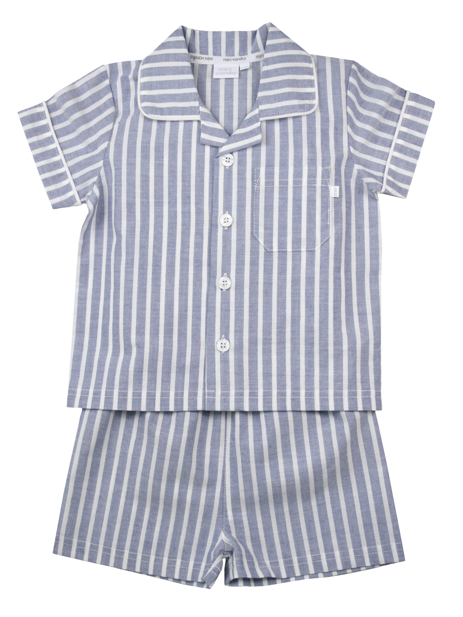 Mini Vanilla Blue & White Stripe Boys Traditional Shortie Pyjamas Cotton - Size 1-2Y