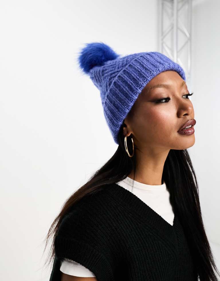 French Connection Womens chevron bobble hat in blue - One Size