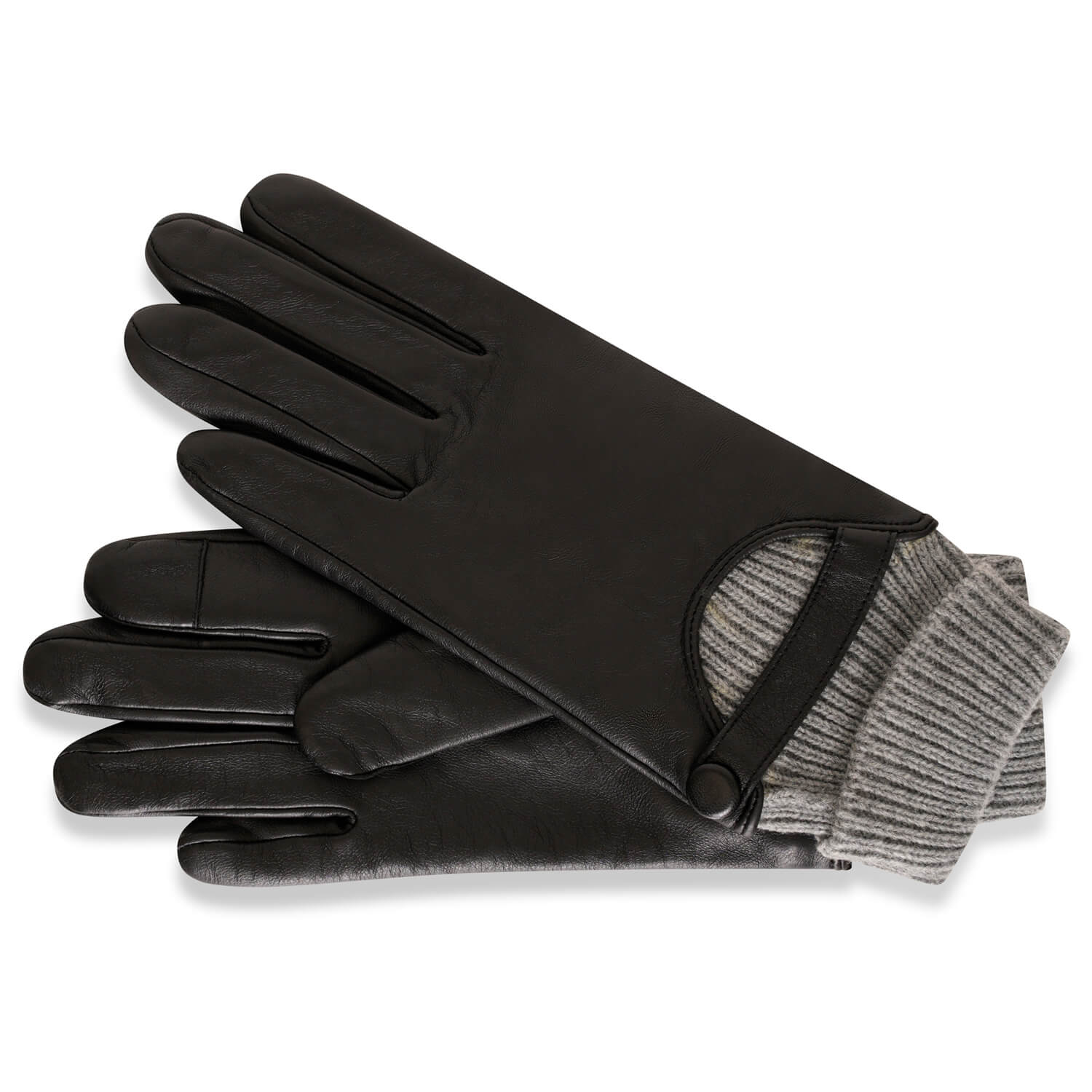 Barneys Originals Womens Real Leather Gloves with Grey Knit Cuff - Black - Size Medium/Large