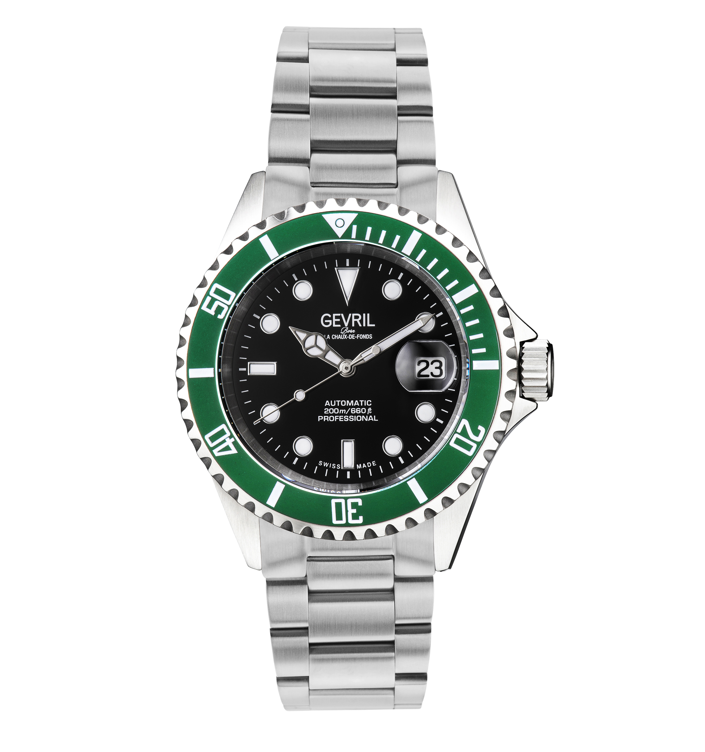 Gevril Mens Wall Street Swiss Automatic 3 Hands, SW200 Movement black Dial Green Bezel Stainless Steel Watch - Silver - One Size