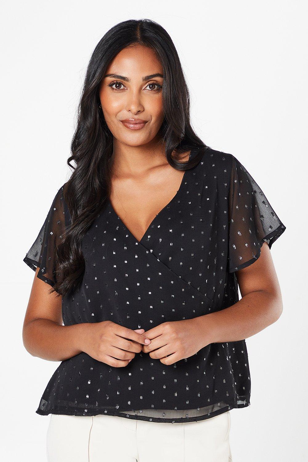 Wallis Womens Petite Metallic Spot Wrap Blouse - Black - Size 10 UK