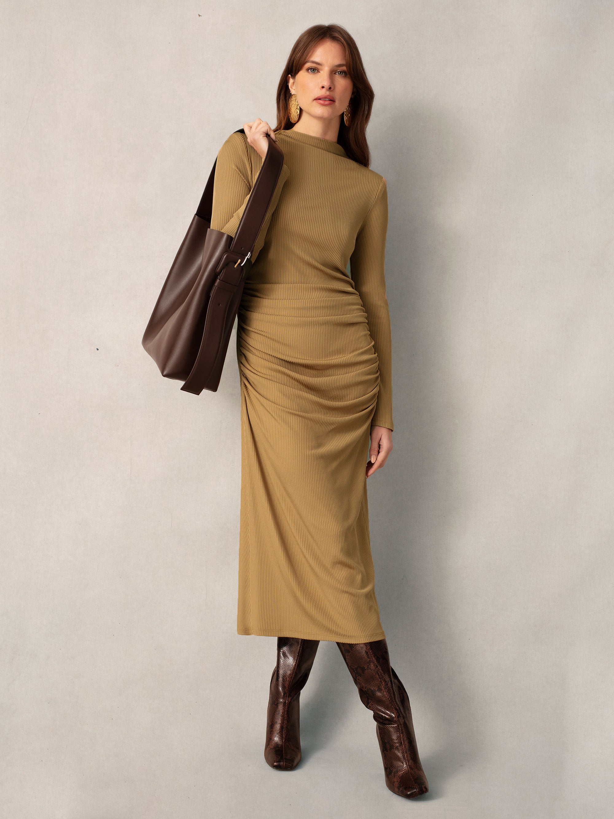 Ro&Zo Womens Tan Ribbed Jersey Gathered Dress - Brown - Size 10 UK