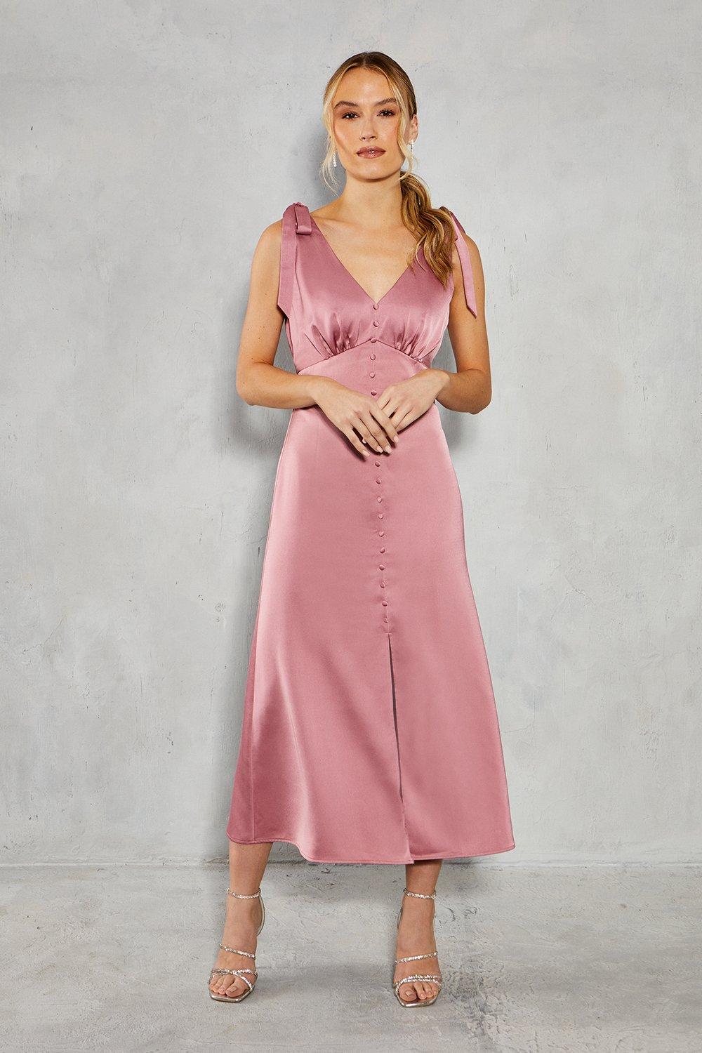 Oasis Womens Satin Button Front Tie Shoulder Midi Bridesmaids Dress - Pink - Size 12 UK