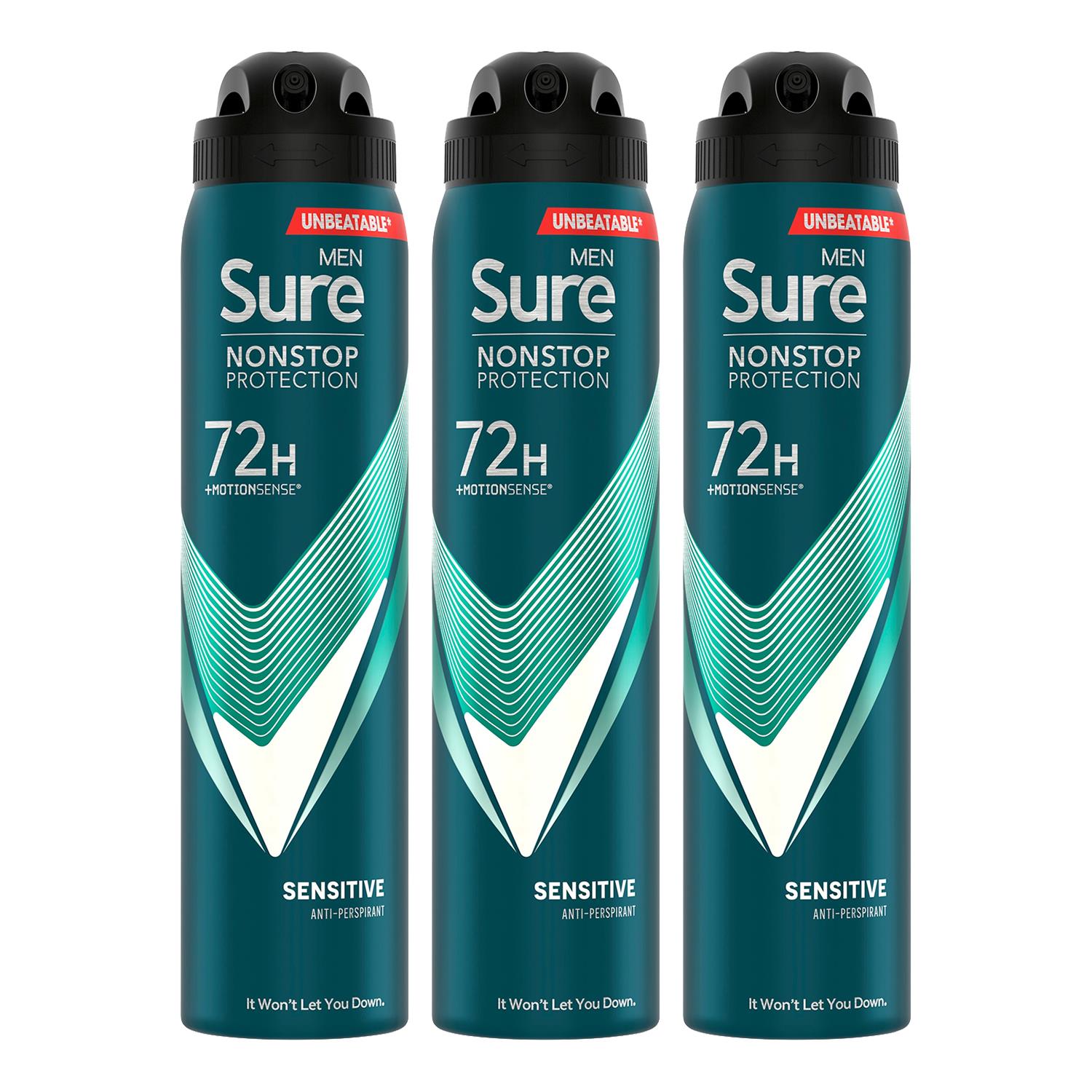 Sure Mens Men Anti-Perspirant 72H Nonstop Protection Sensitive Deodorant 250ml, 3 Pack - NA - One Size