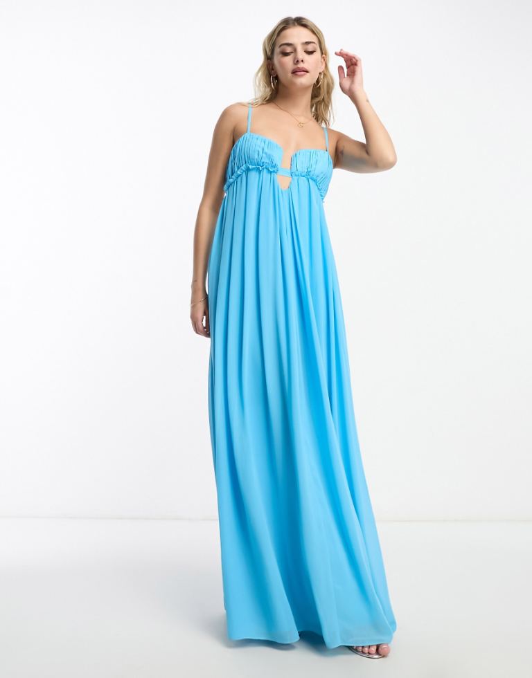 ASOS DESIGN Womens baby doll ruched bust maxi dress in turquoise-Blue - Size 12 UK