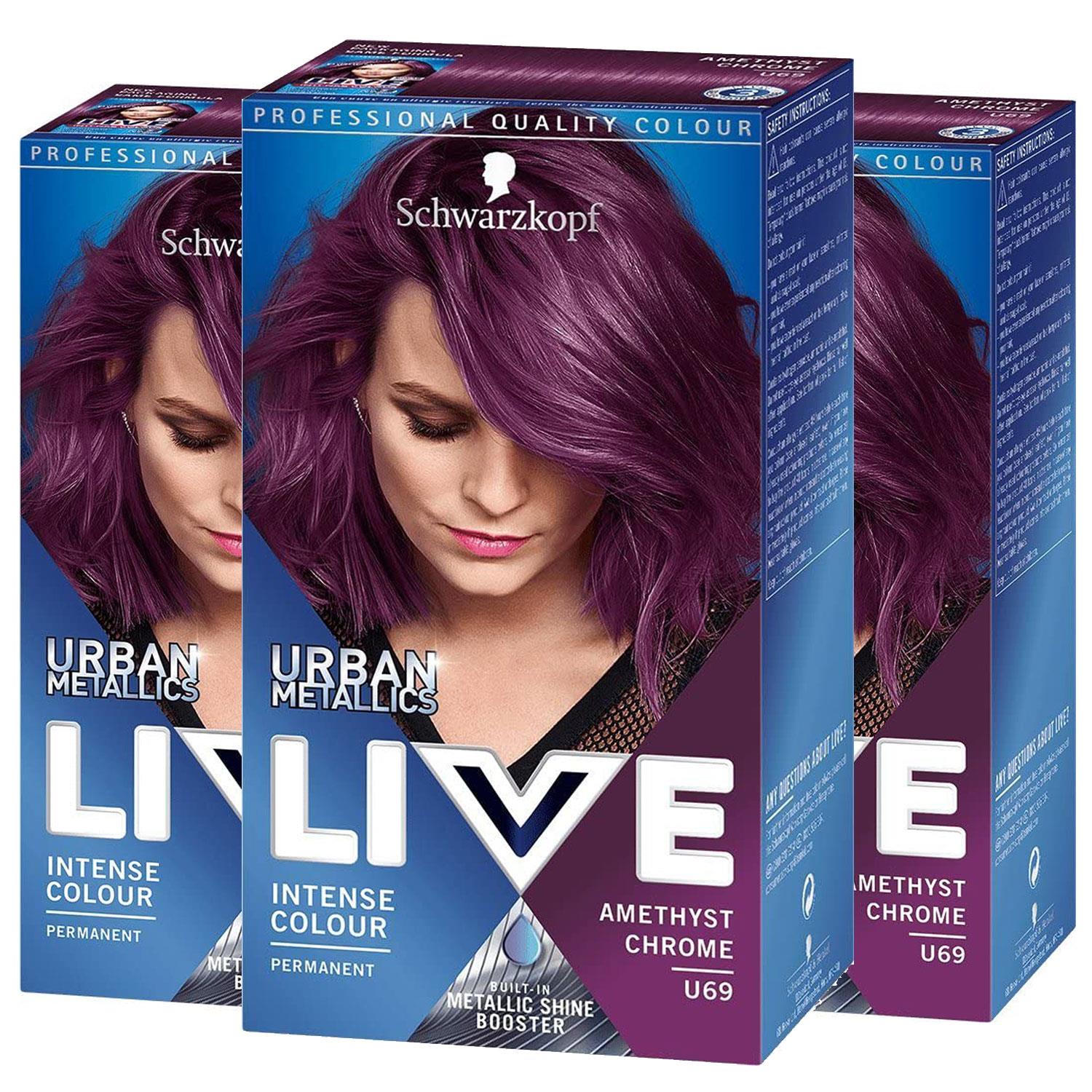 Schwarzkopf Womens 3x LIVE Amethyst Chrome (Purple) Permanent Hair Dye, Urban Metallics U69 - One Size