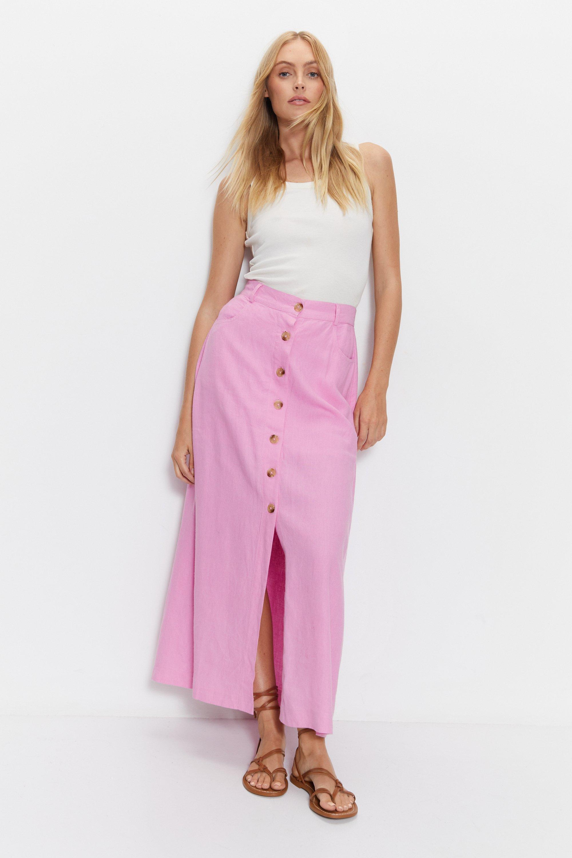 Warehouse Womens Linen Button Detail Midi Skirt - Pink viscose - Size 12 UK