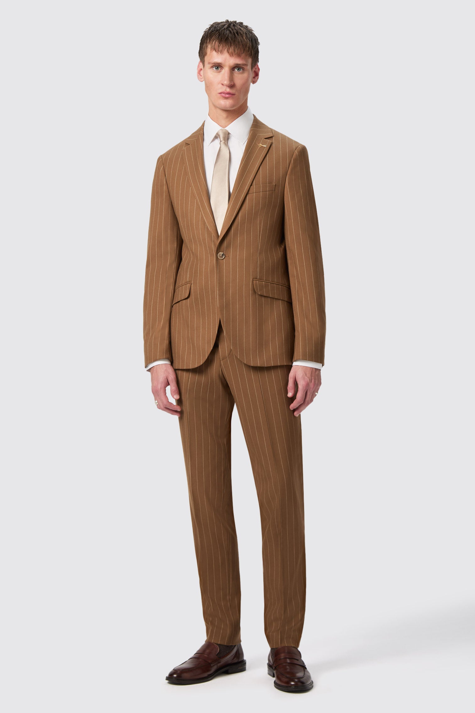 Shelby & Sons Mens Cuttel Slim Fit Brown Pinstripe Trousers - Size 38 Short