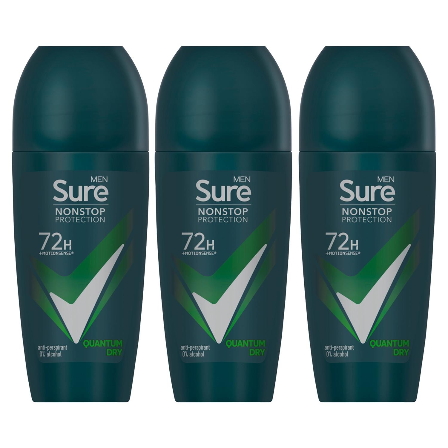 Sure Mens Men Antiperspirant Deodorant Roll On 72H Nonstop, Quantum Dry, 50ml, 3 pack - NA - One Size