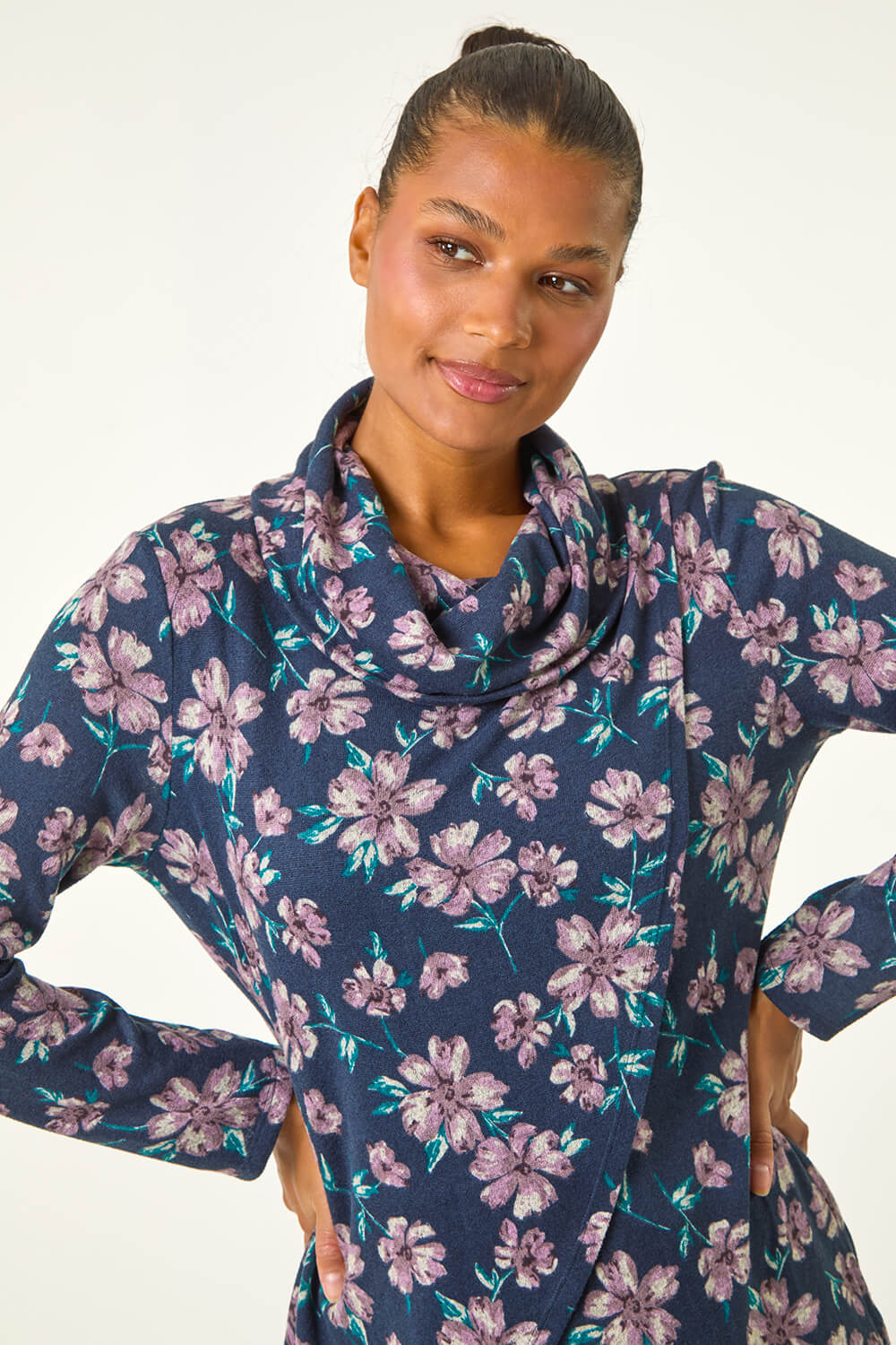 Roman Womens Cowl Neck Floral Snit Top - Navy - Size 12 UK - Secret Sales