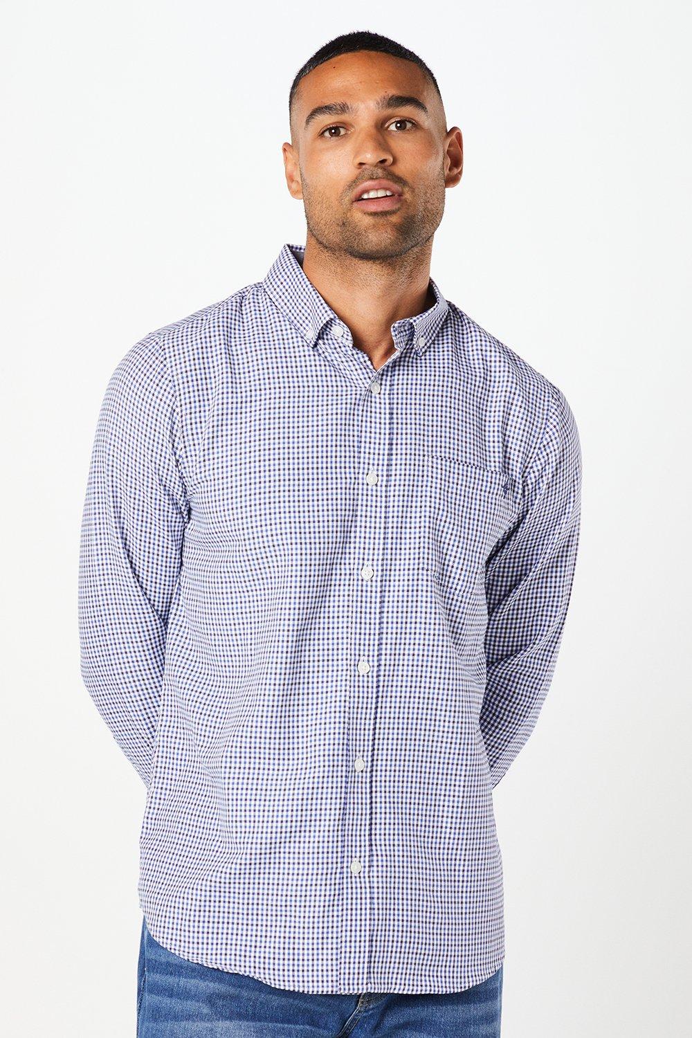 Maine Mens Gingham Check Long Sleeve Shirt - Blue Cotton - Size Small