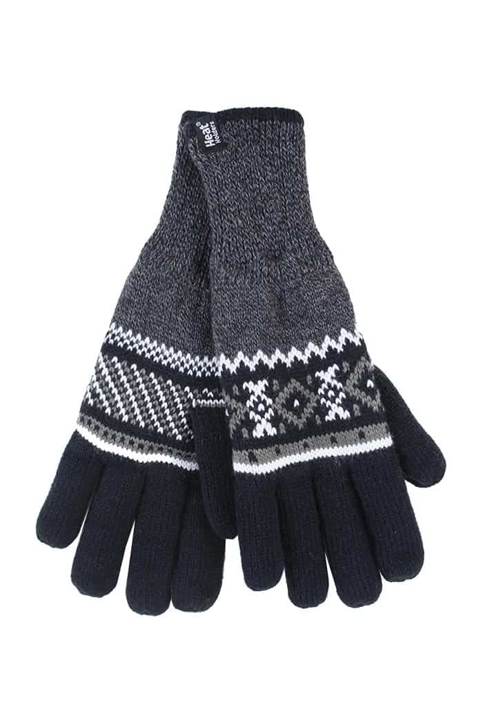 Heat Holders Mens Striped Nordic Fairisle Zig Zag Knitted Fleece Lined Warm Gloves - Black - Size L/XL