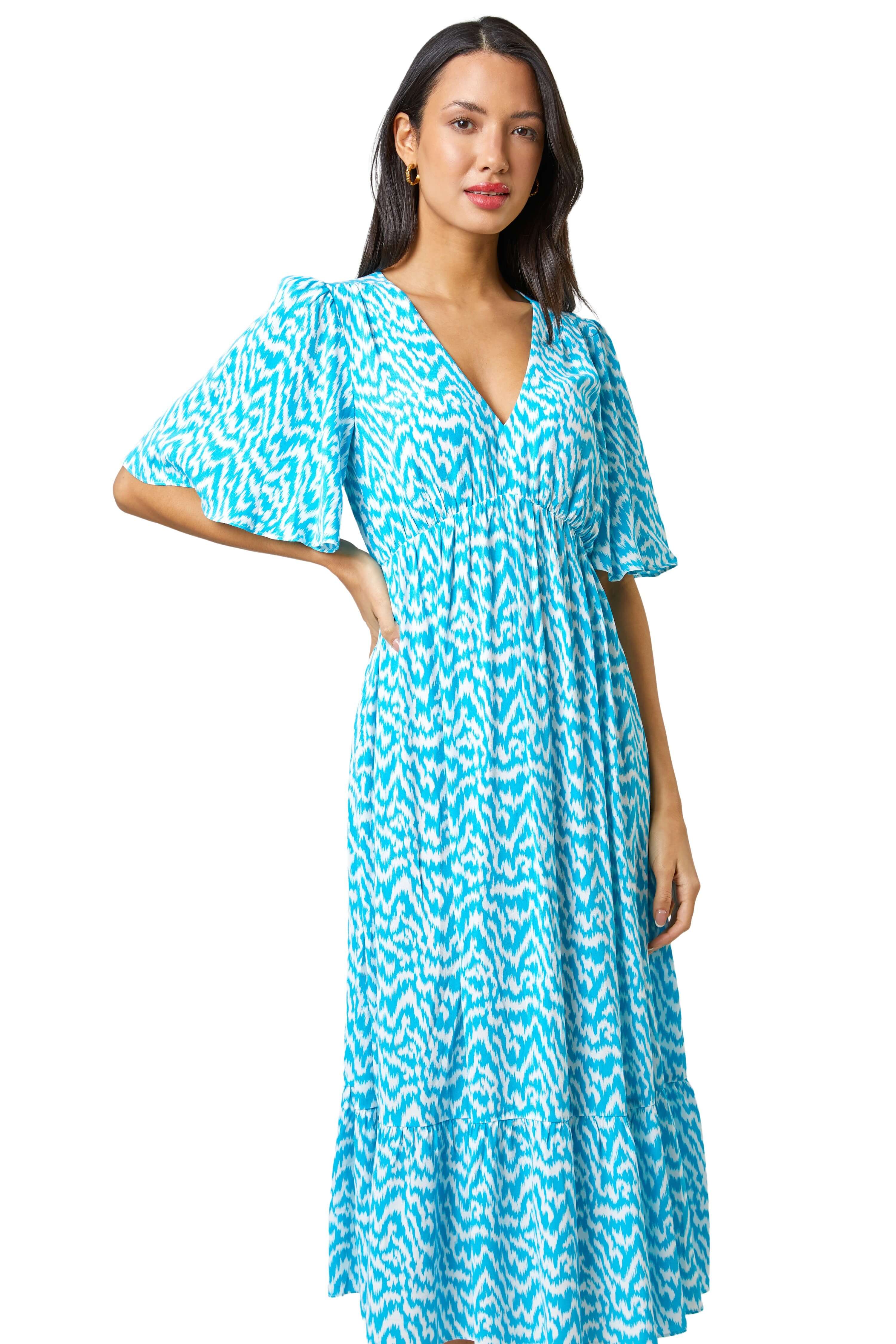 Roman Womens Zig Zag Tiered Maxi Dress - Turquoise - Size 12 UK