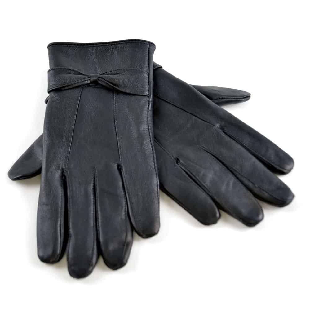 Sock Snob Ladies Womens Fleece Lined Warm Sheepskin Leather Gloves with Bow - Black - Size X-Small/Small