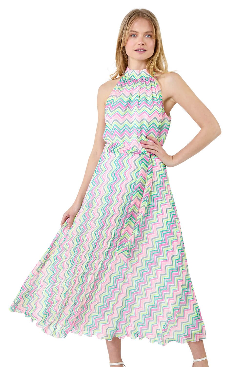 Roman Womens Zig Zag Halter Neck Pleated Dress - Multicolour - Size 12 UK