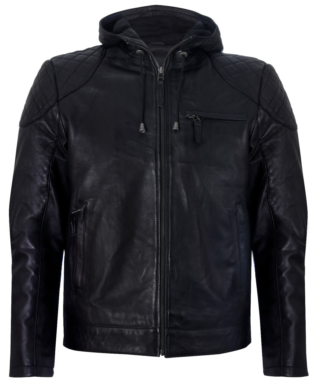 Infinity Leather Mens Zipped Hooded Bomber Biker Jacket - Black - Size X-Large