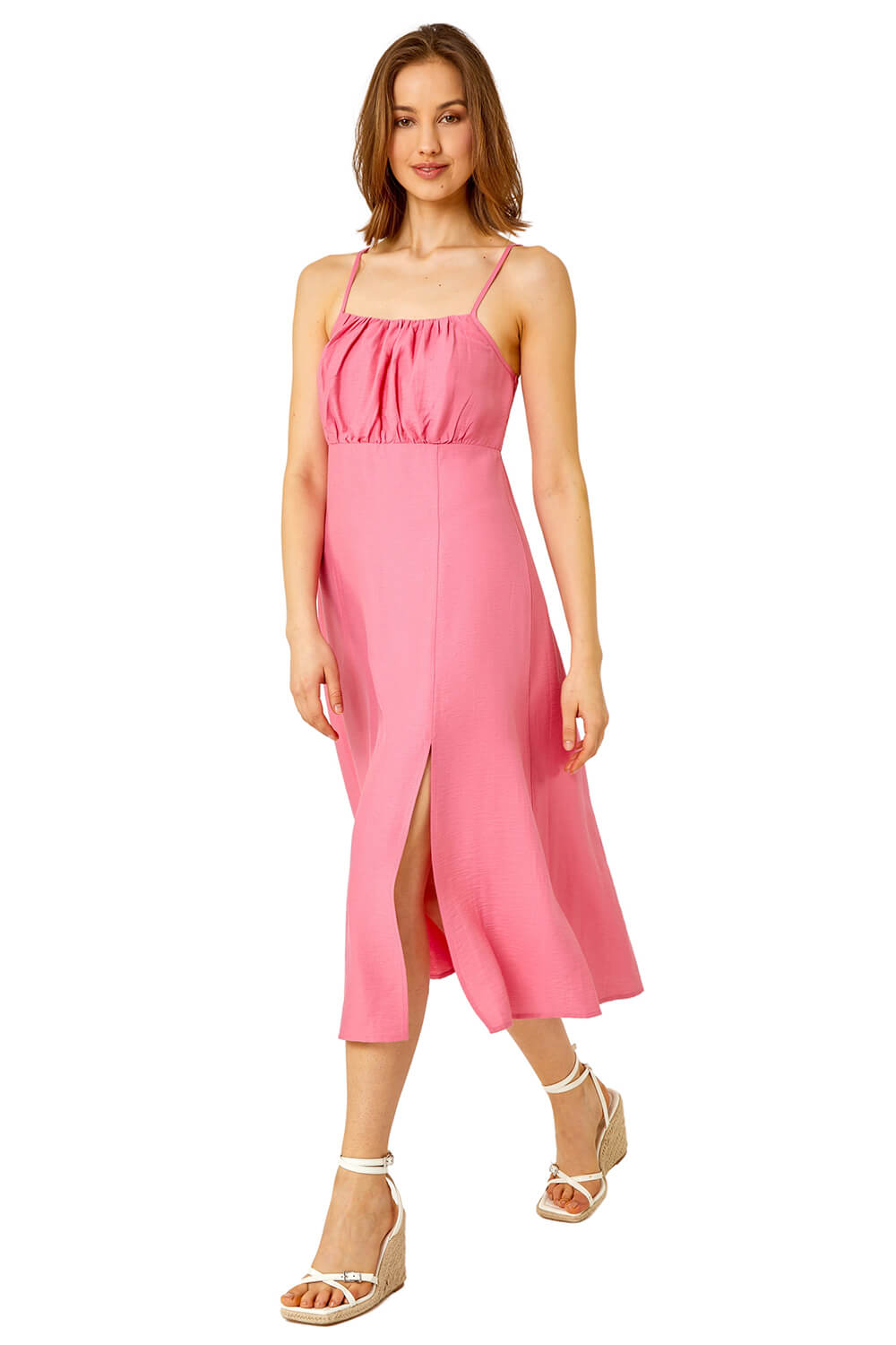 Roman Womens Sleeveless Gathered Midi Dress - Pink - Size 12 UK