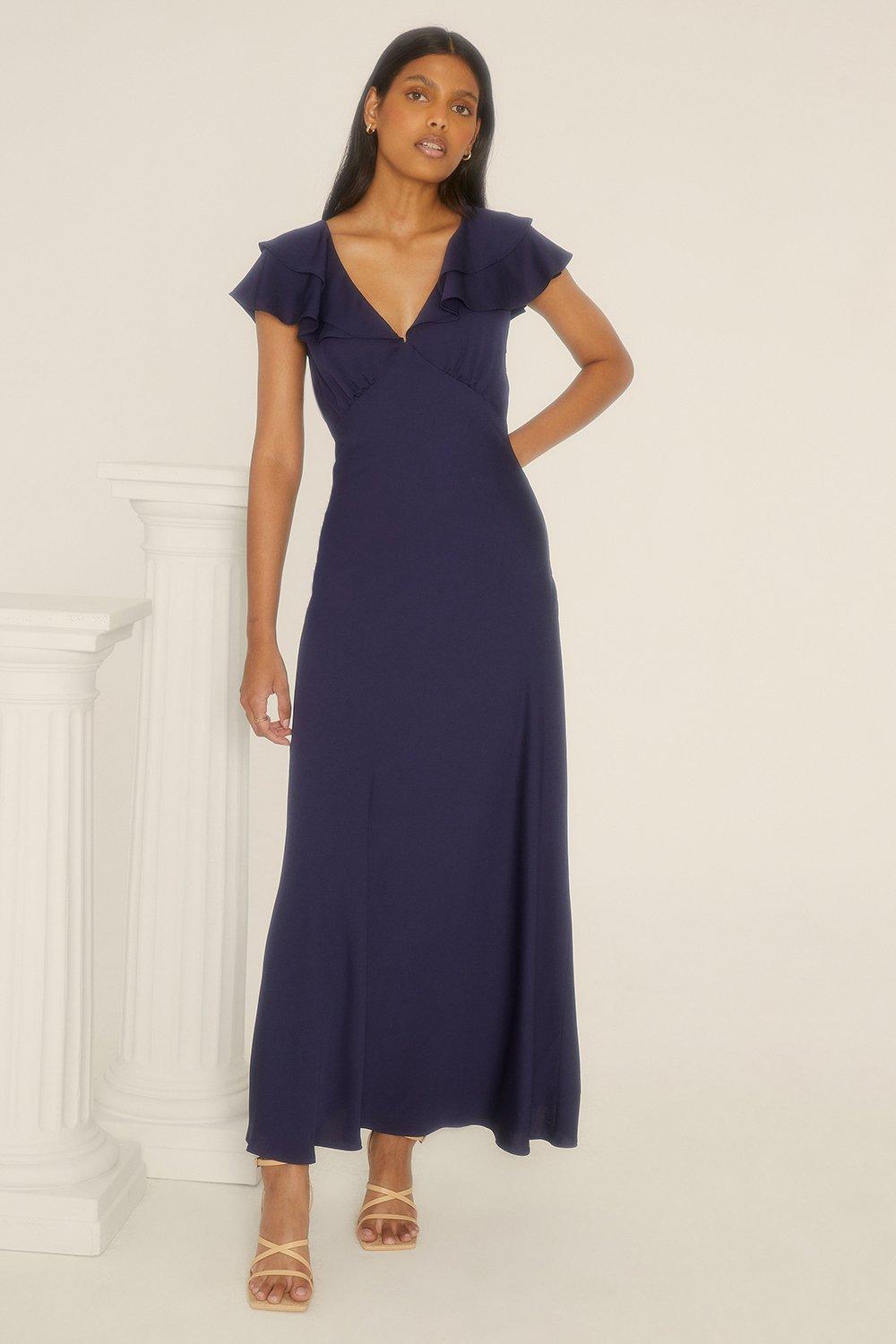 Oasis Womens Petite Frill V Neck Satin Midaxi Bridesmaids Dress - Navy - Size 12 UK