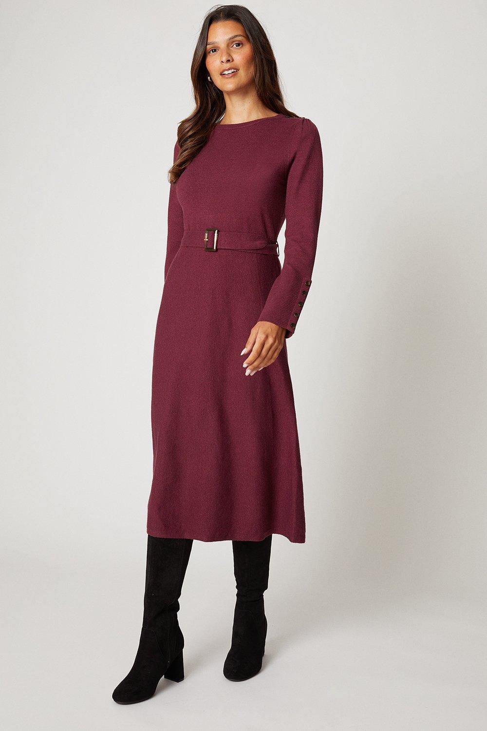 Wallis Womens Slash Neck Button Detail Belted Knitted Dress - Berry - Size X-Large