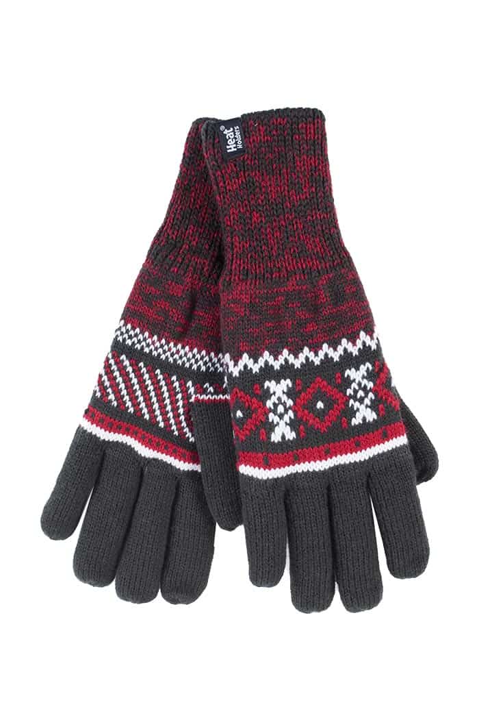 Heat Holders Mens Striped Nordic Fairisle Zig Zag Knitted Fleece Lined Warm Gloves - Charcoal - Size X-Small/Small