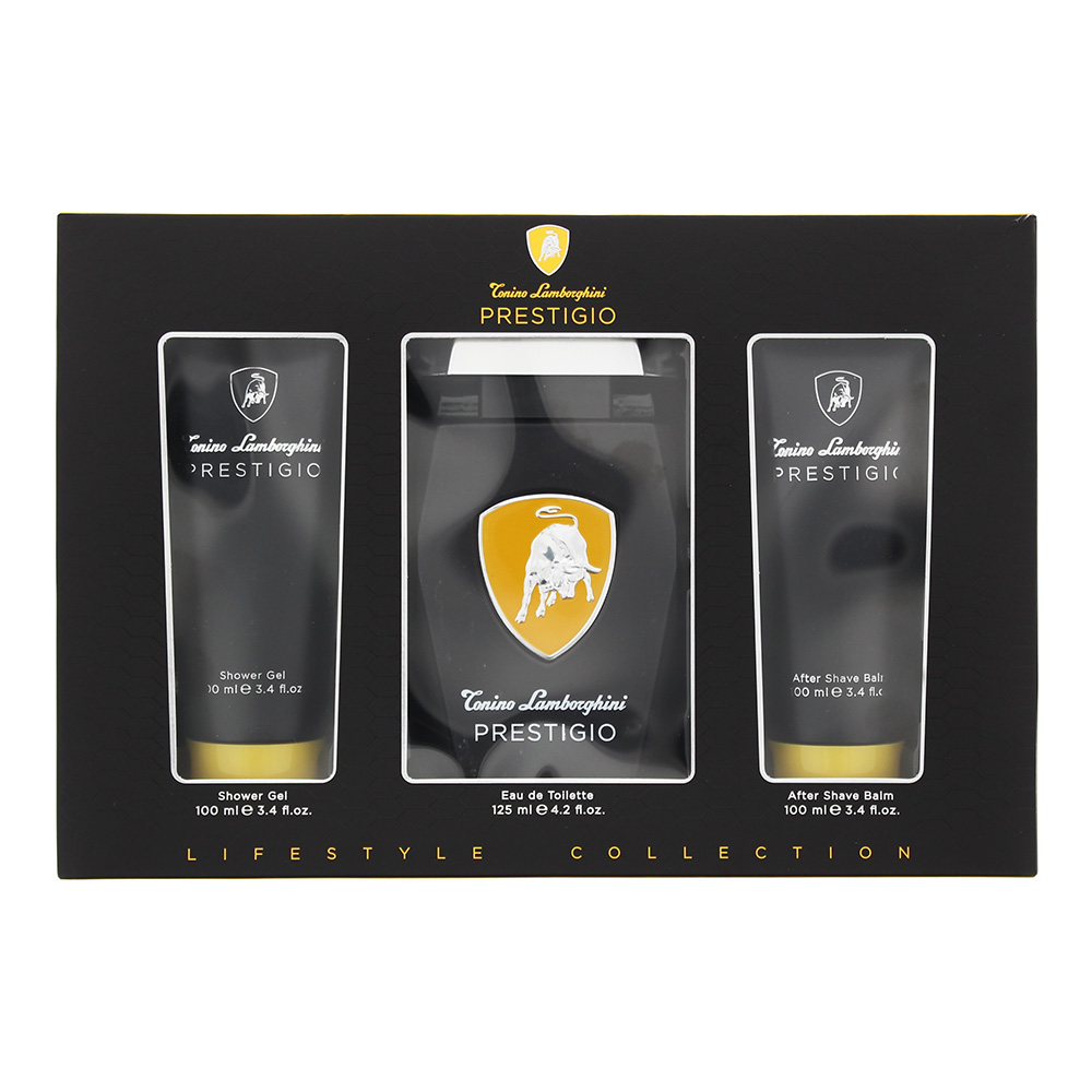 Lamborghini Mens Tonino Prestigio Eau de Toilette 125ml, Shower Gel 100ml + Aftershave Balm Gift Set - One Size