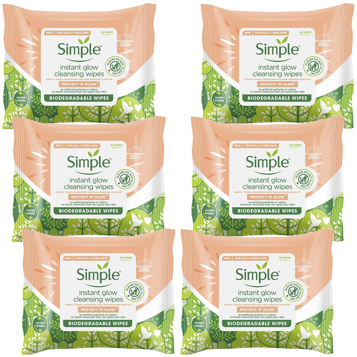 Simple Protect 'N' Glow Instant Cleansing Wipes for Dull & Tired Skin, 6 Pack - Blue - One Size