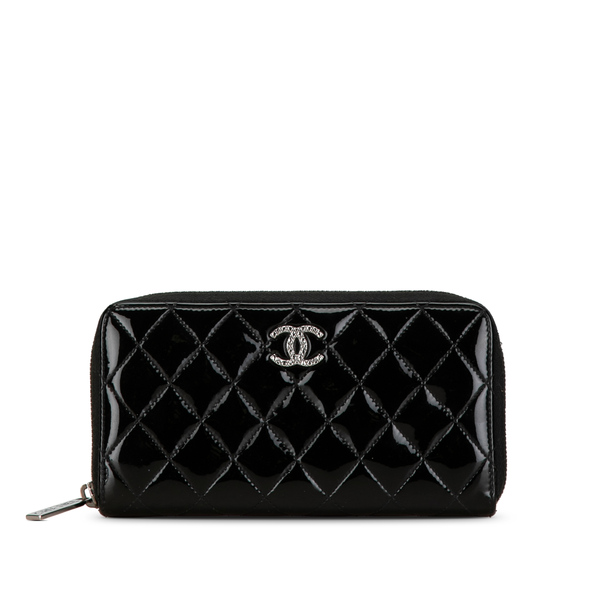 Chanel Pre-owned Womens Vintage Quilted Patent Brilliant Zip Around Wallet Black Patent Leather - One Size