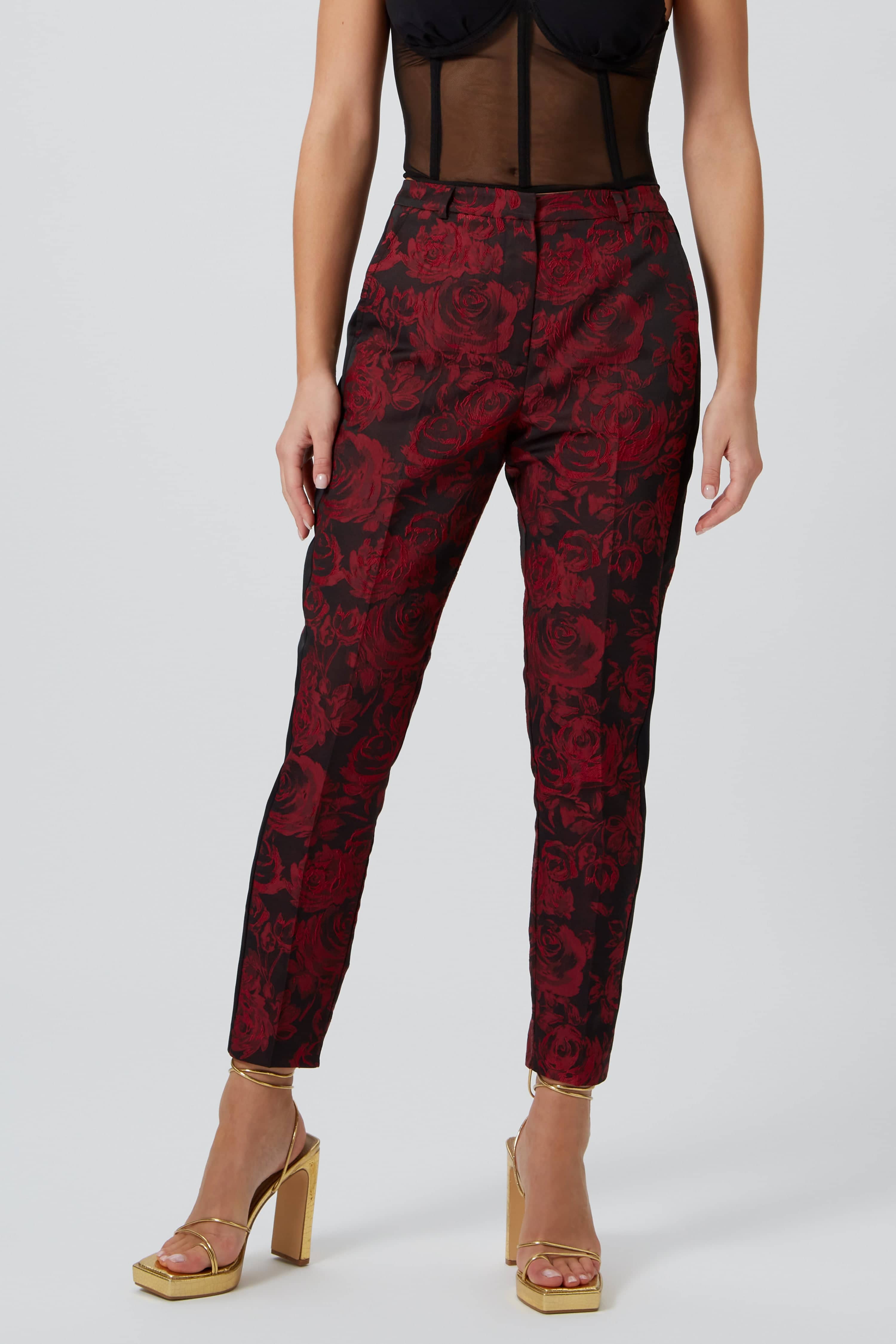 Twisted Tailor Womens Ersilia Skinny Fit Red Floral Trousers - Size 12 UK