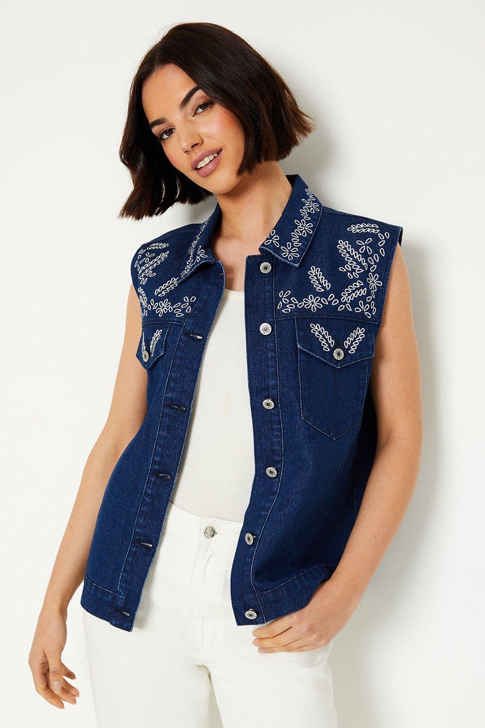 Oasis Womens Cutwork Embroidered Denim Gilet - Blue Cotton - Size 14 UK