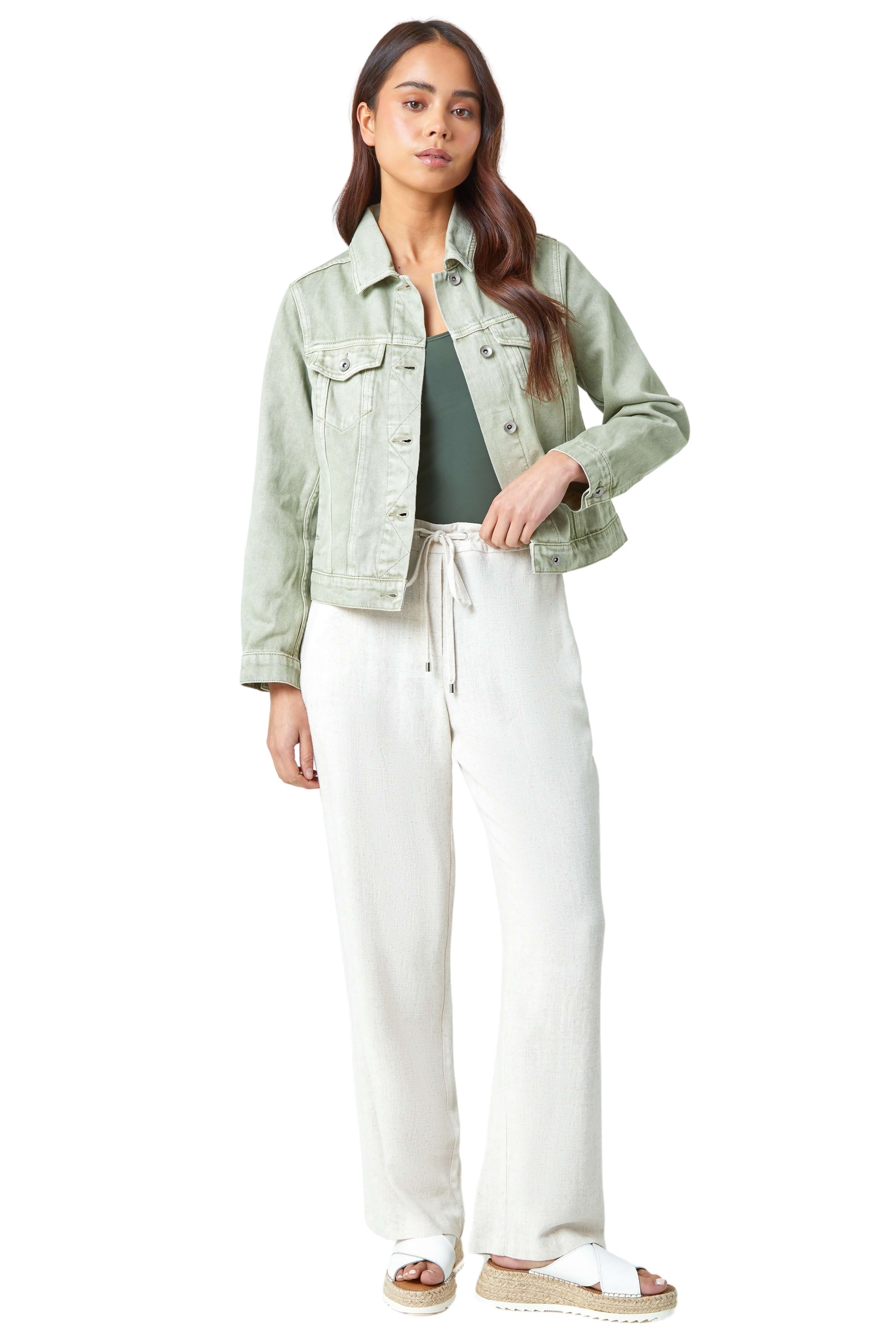 Roman Petite Womens Bleached Denim Jacket - Green Cotton - Size 14 UK