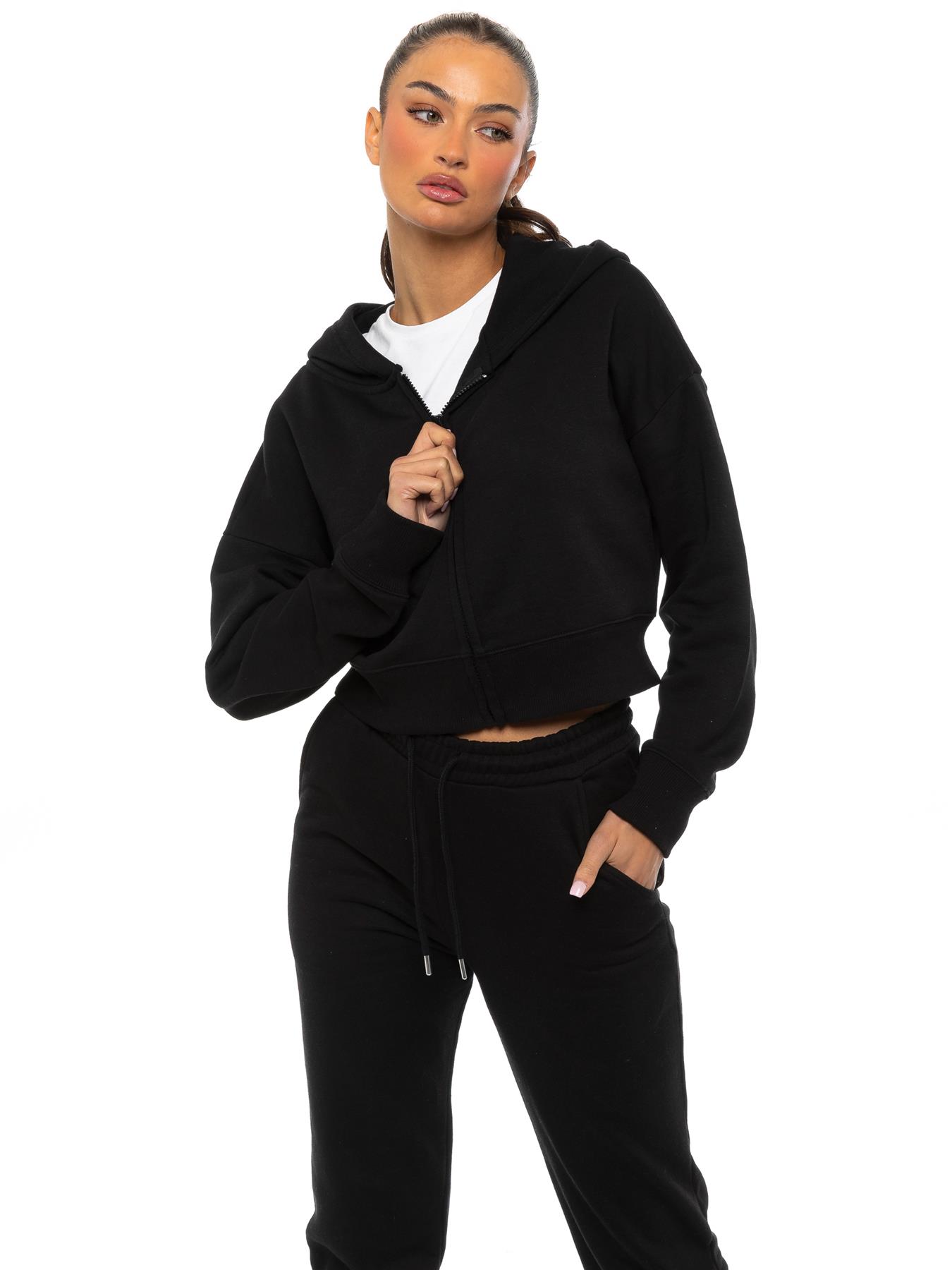 Enzo Womens Crop Zip Hoodie - Black Polycotton - Size 2XL