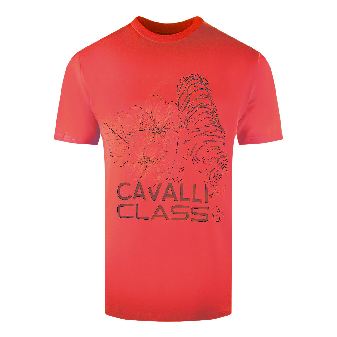 Cavalli Class Mens Floral Tiger Design Red T-Shirt Cotton - Size Medium