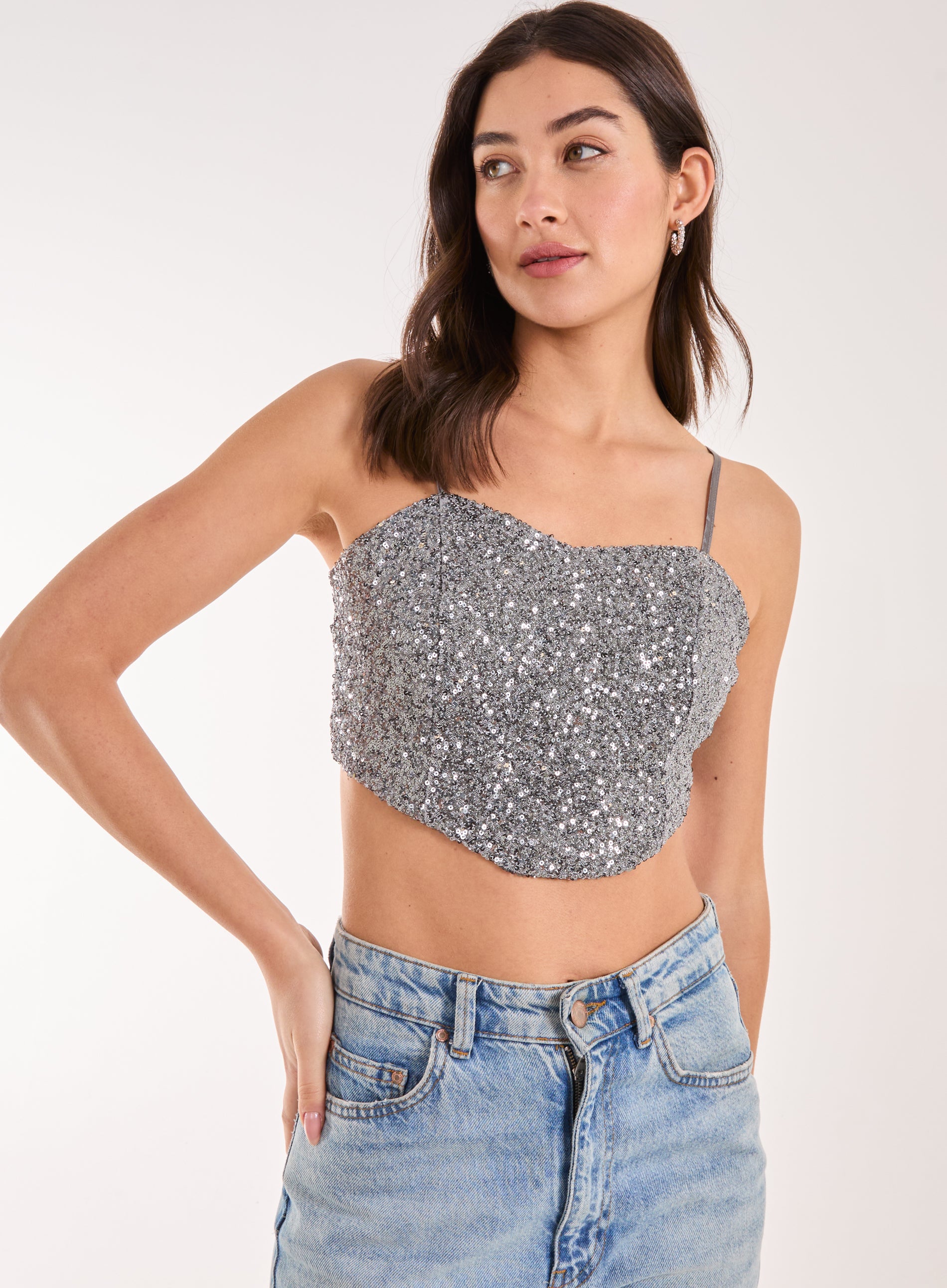 Pink Vanilla Womens Sequin Corset Top - Grey - Size Medium