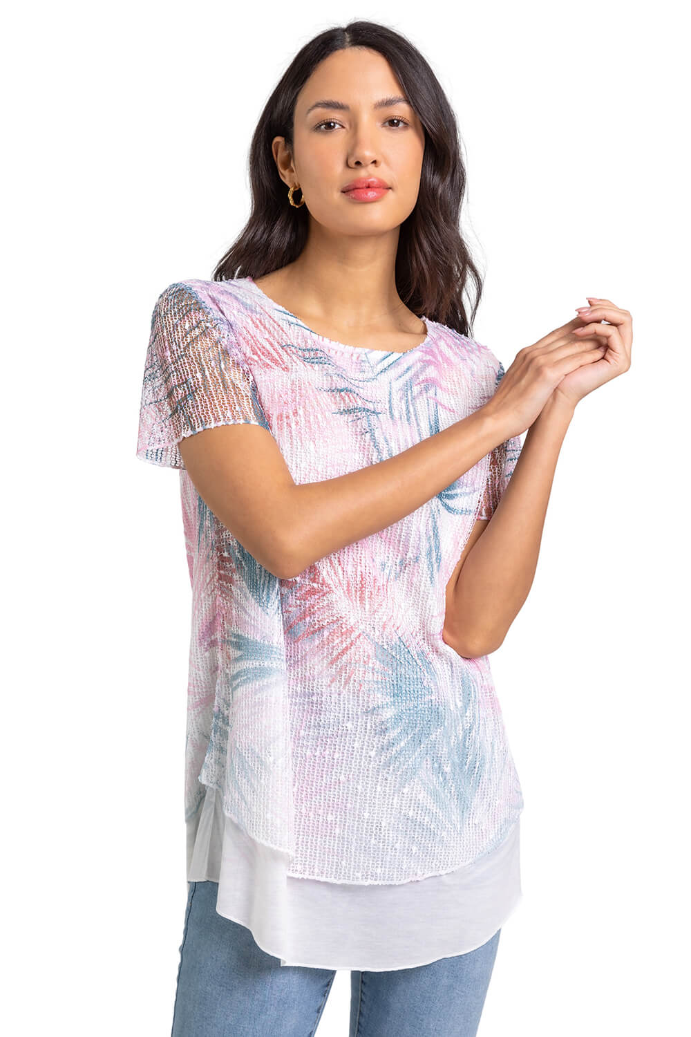 Roman Womens Sequin Mesh Stretch Leaf Print Top - Pink - Size 16 UK