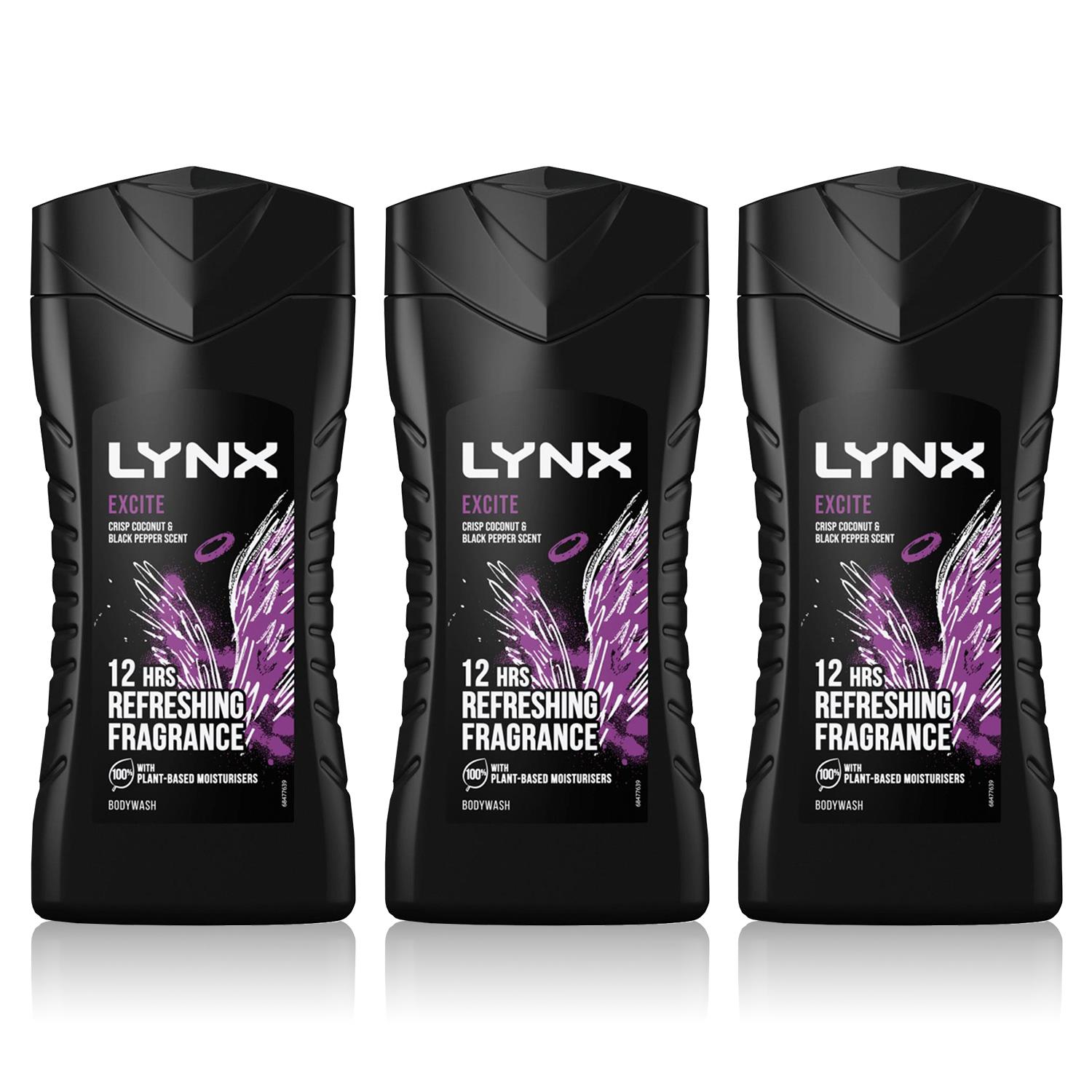 Lynx Mens Excite 12-H Refreshing Fragrance Shower Gel Body Wash for Men, 3x225ml - Black - One Size