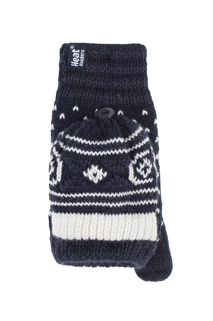 Heat Holders Womens Ladies Warm Fairisle Patterned Thermal Fingerless Converter Gloves - Navy - One Size