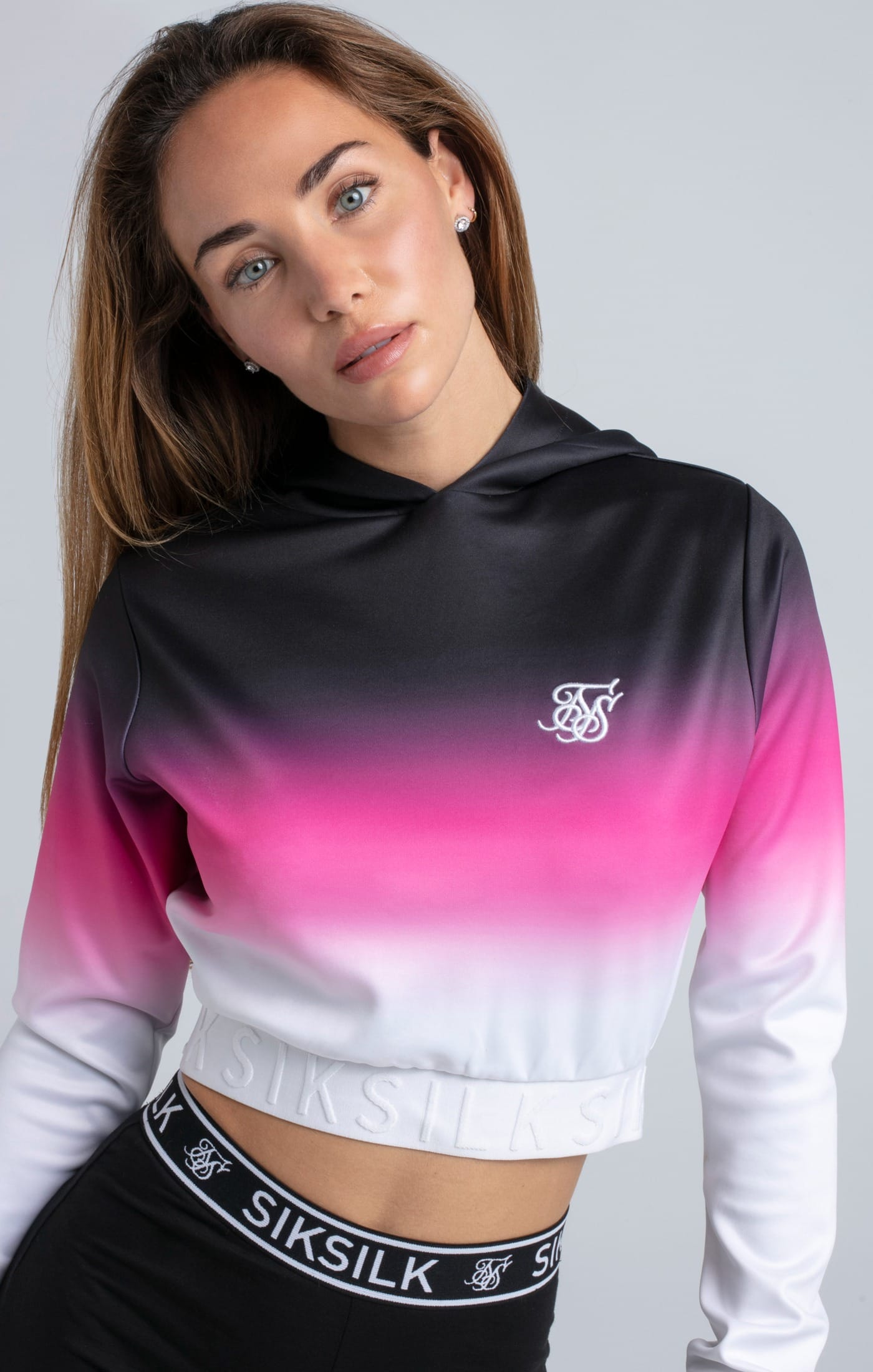 SikSilk Womenss Fade Cropped Hoodie in Black - Size 6 UK