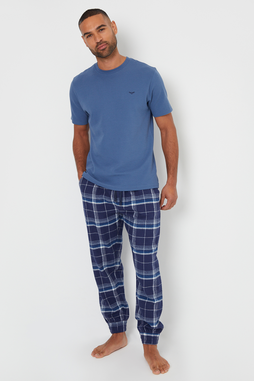 Threadbare Mens Blue 'Uranus' Cotton Blend Textured Short Sleeve Check Pyjama Set - Size Medium