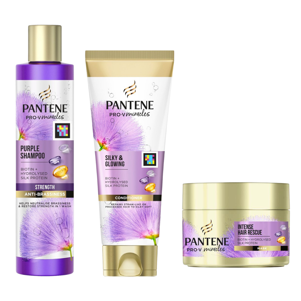 Pantene Womens Pro V Miracles Silk & Glowing Purple Shampoo, Conditioner & Mask Set - One Size