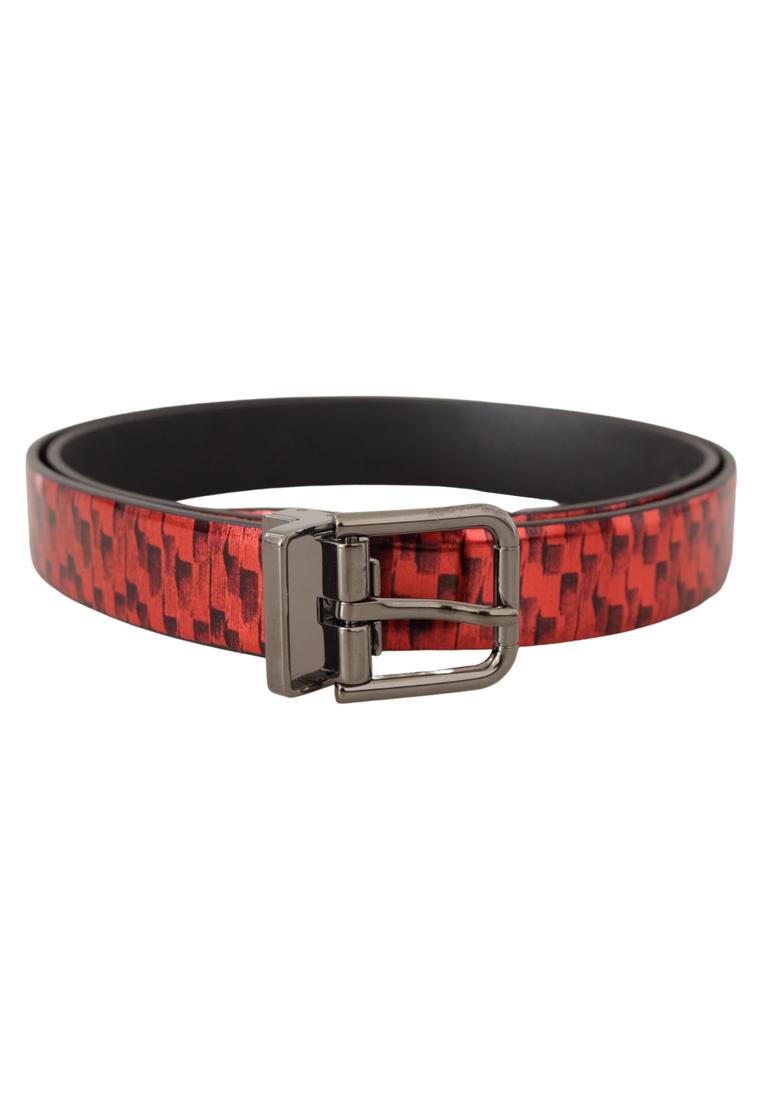 Dolce & Gabbana Mens Red Herringbone Leather Gray Tone Buckle Belt - Size 90 cm