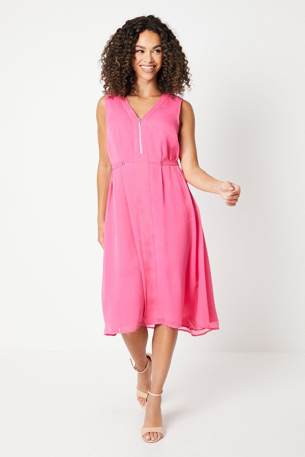 Wallis Womens Chiffon Zip Tab Side High Low Midi Dress - Pink - Size 12 Uk