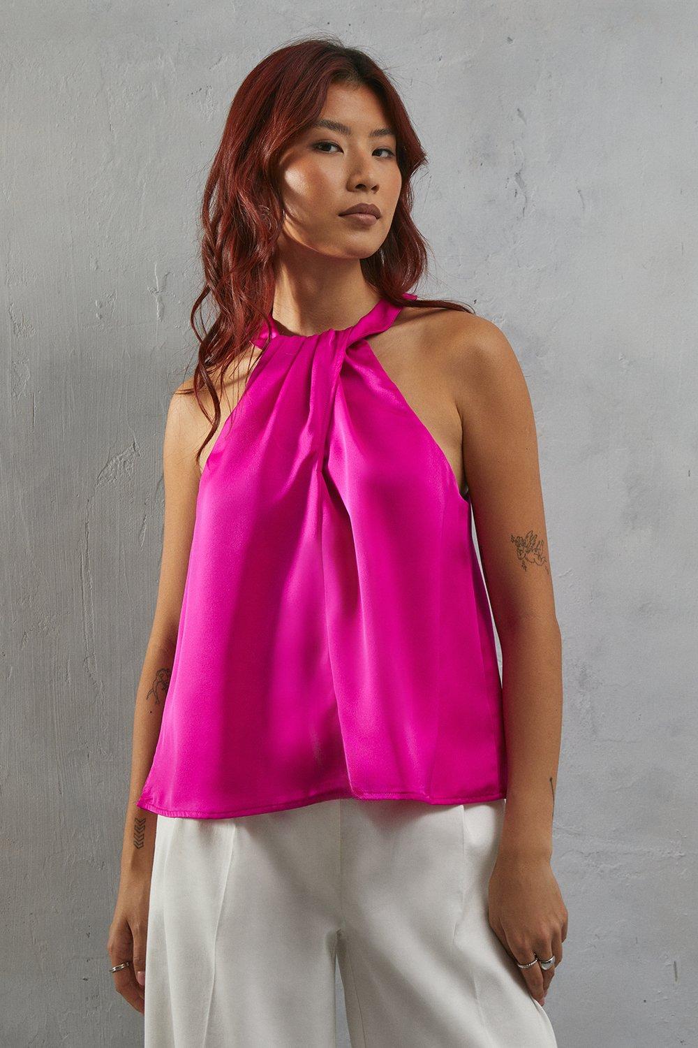 Warehouse Womens Premium Twist Neck Satin Top - Pink - Size 8 UK